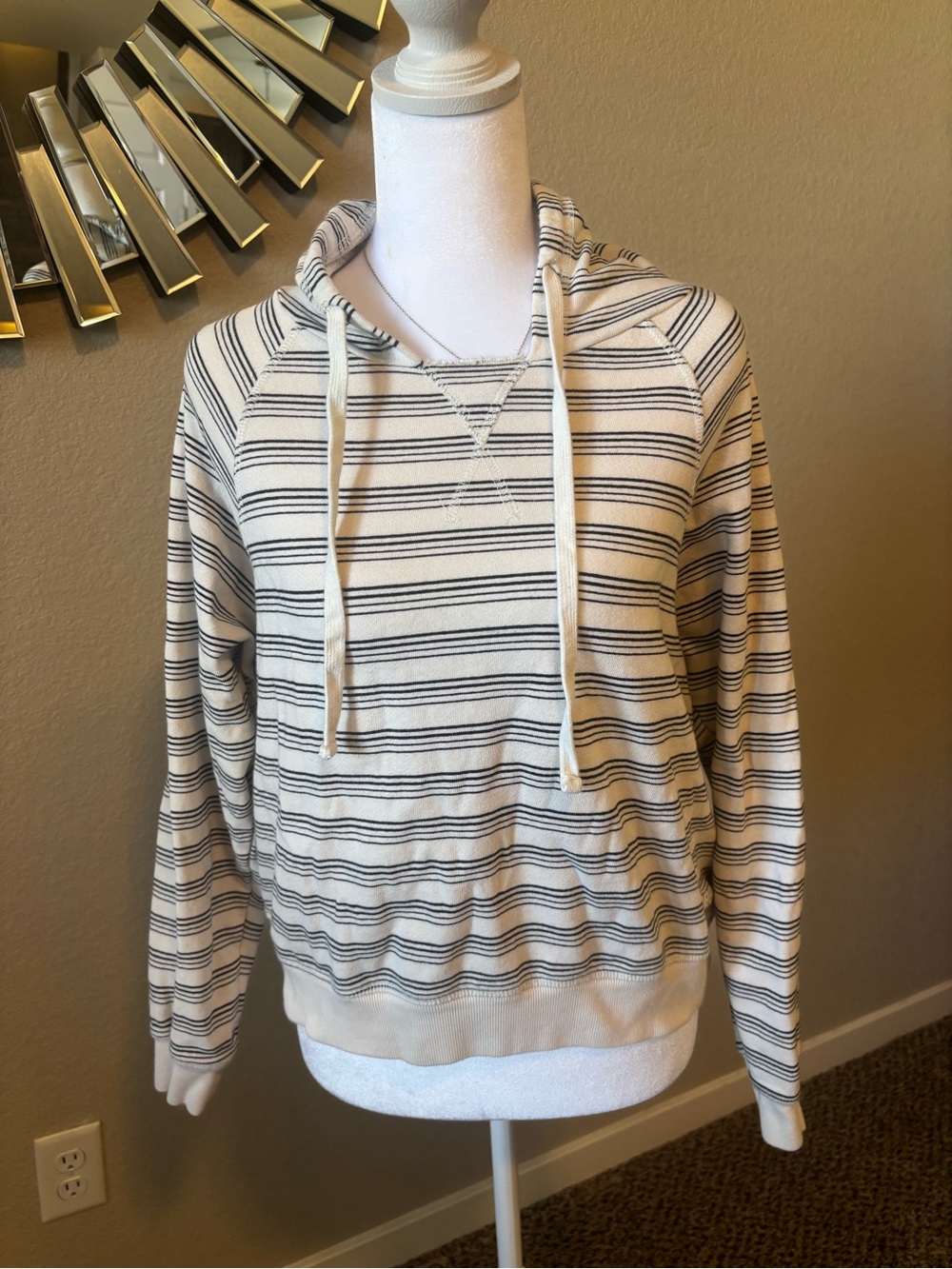 Billabong Cream and Black Striped Drawstring Hoodie